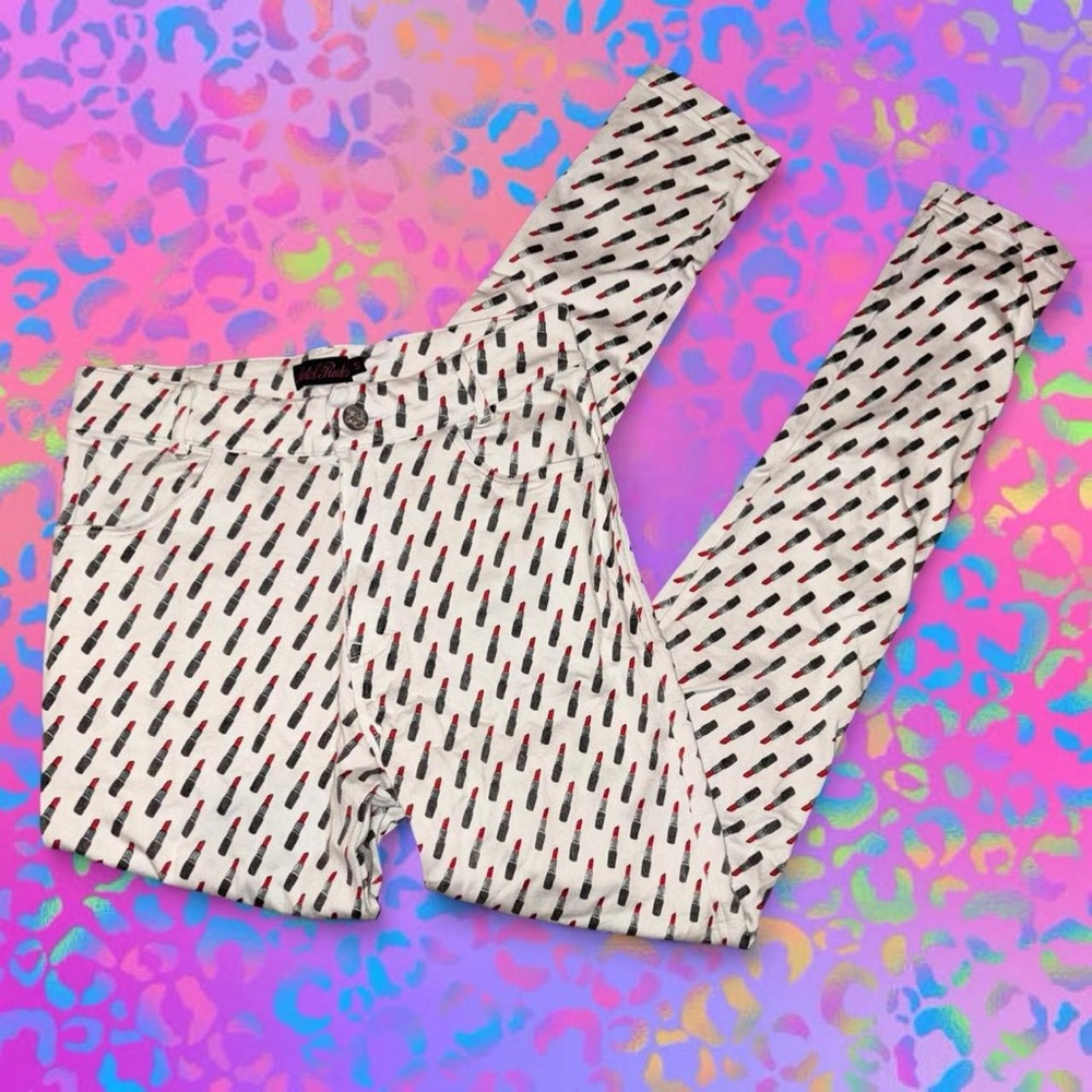 vtg late y2k motel rocks scene queen aop high waisted super skinny pants, sz sm